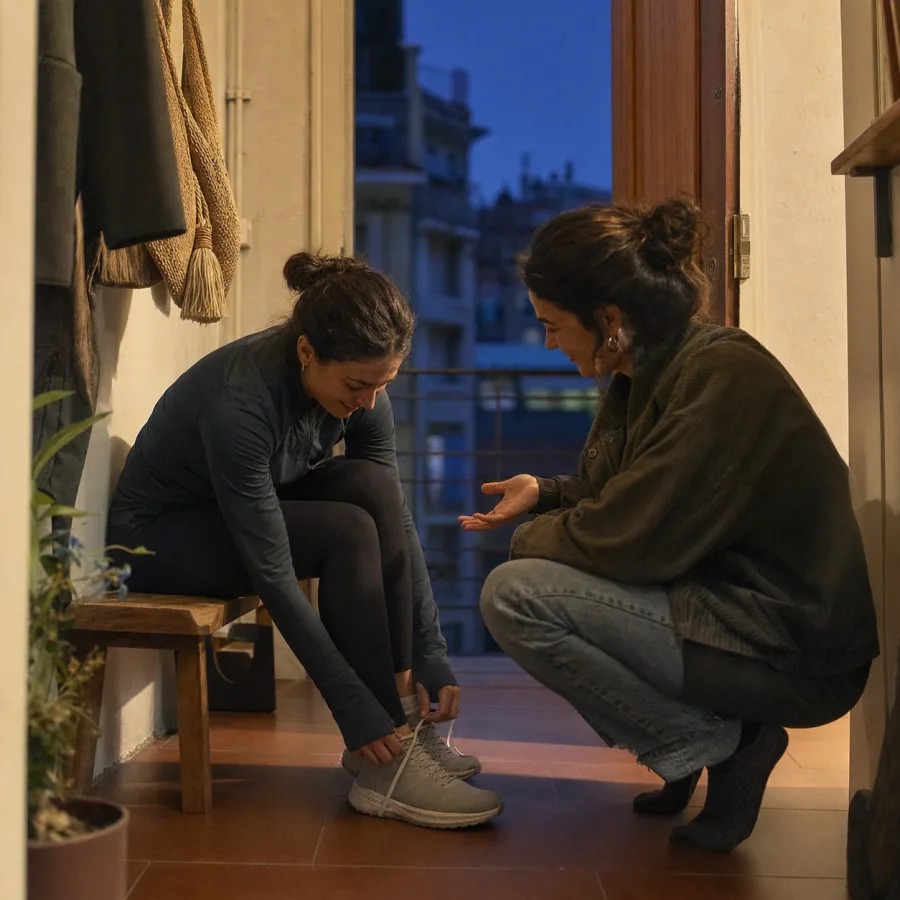 A friend sitting beside someone as they get ready
